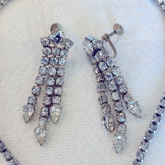 Rhinestone faceted crystal vintage screw back clip on set necklace earrings - Picture 2 of 10